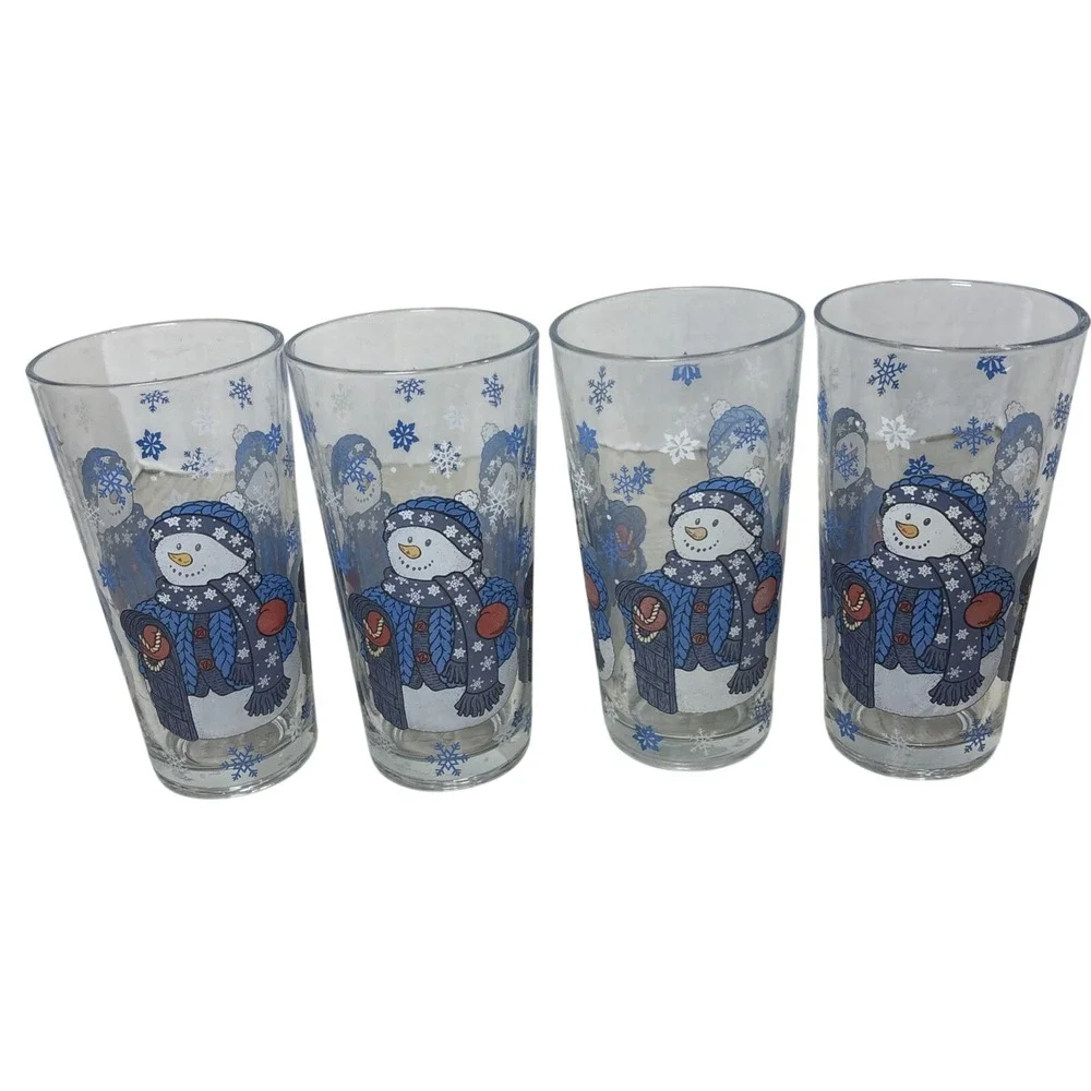 KIG Indonesia Snowman Christmas Glasses Set of‎ 4 Blue White Winter Highball 6in